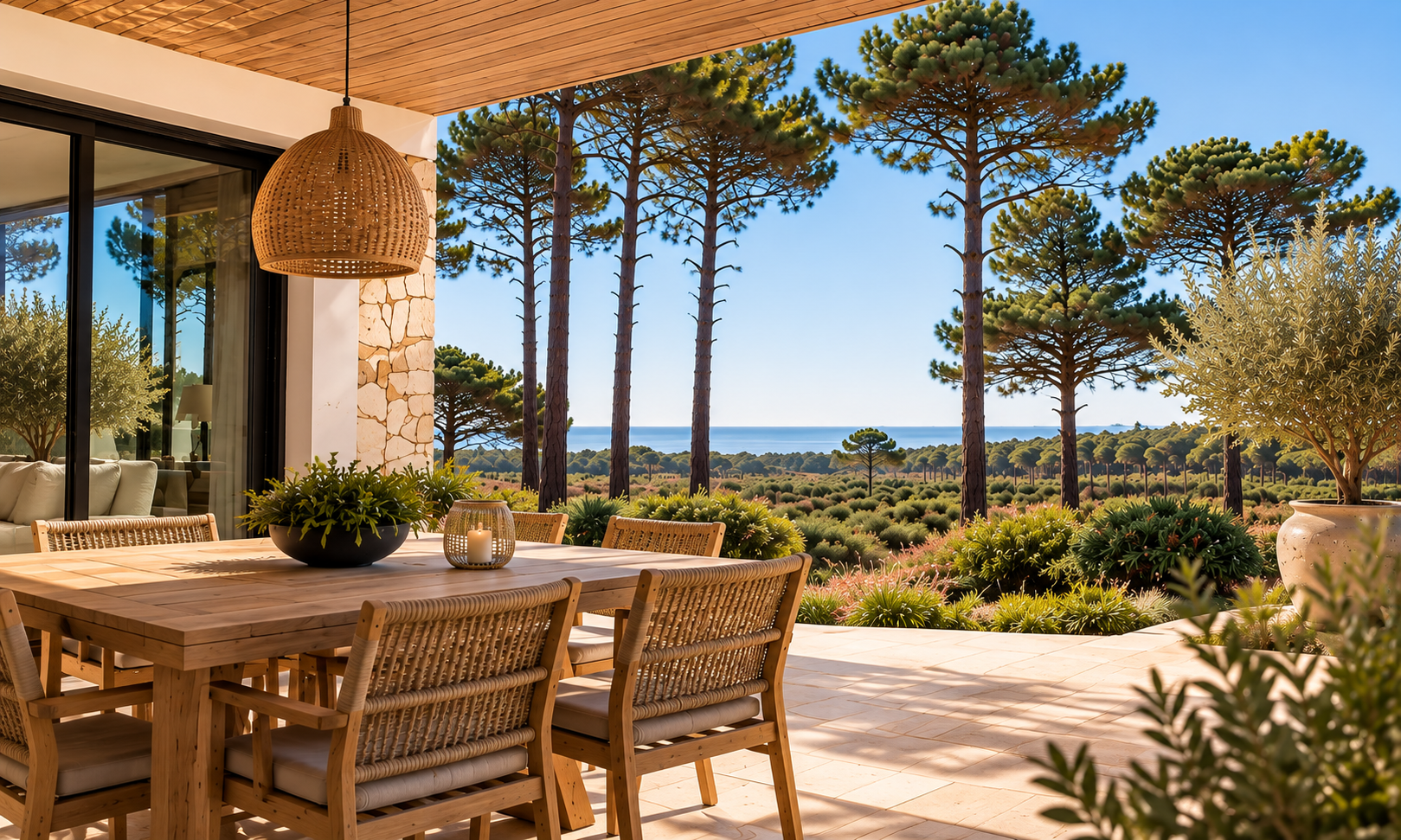 Terrasse d’une villa contemporaine entourée de pins dans les Landes
