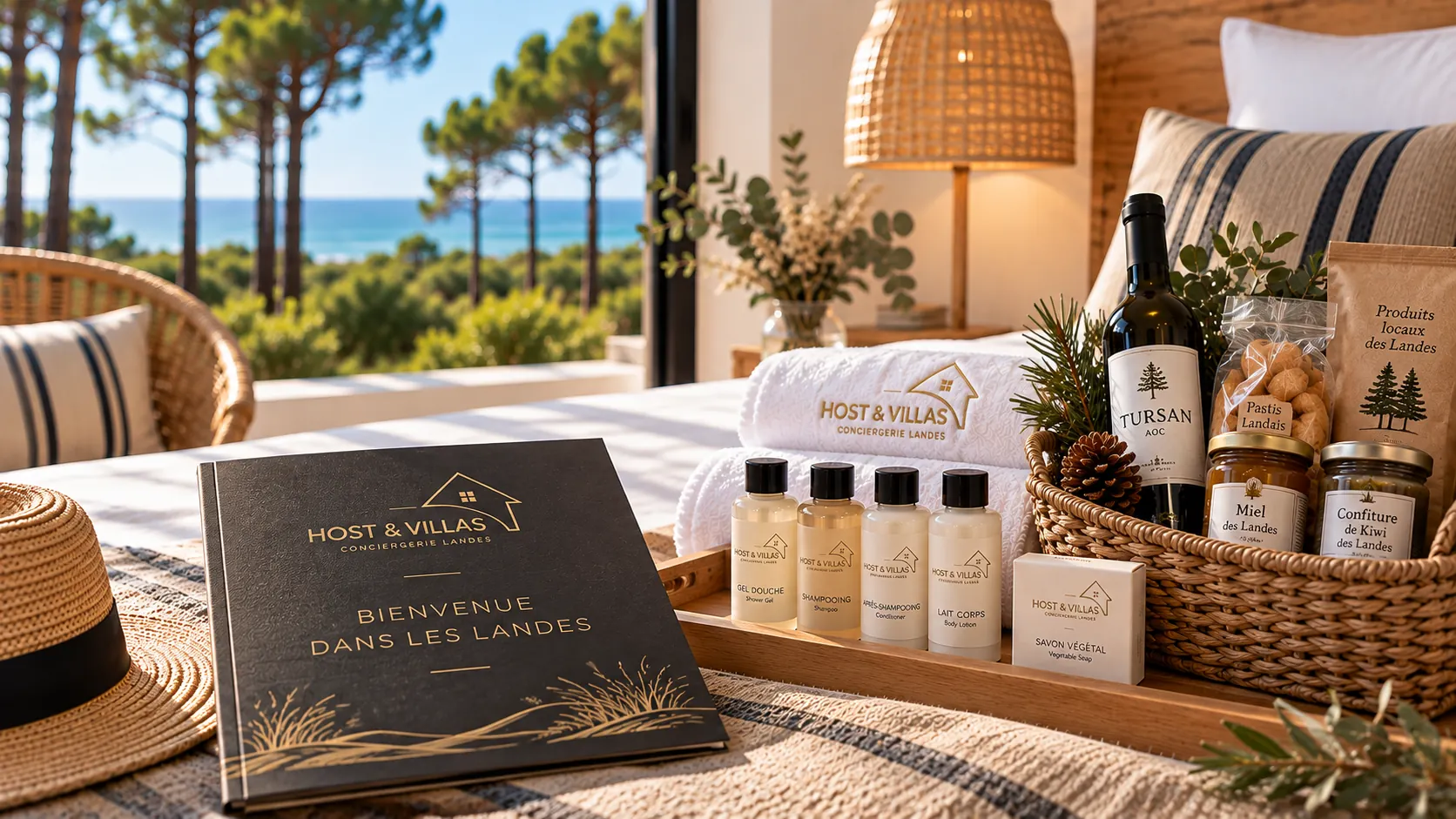 Accueil Host & Villas avec linge hôtelier, livret de bienvenue et produits locaux des Landes